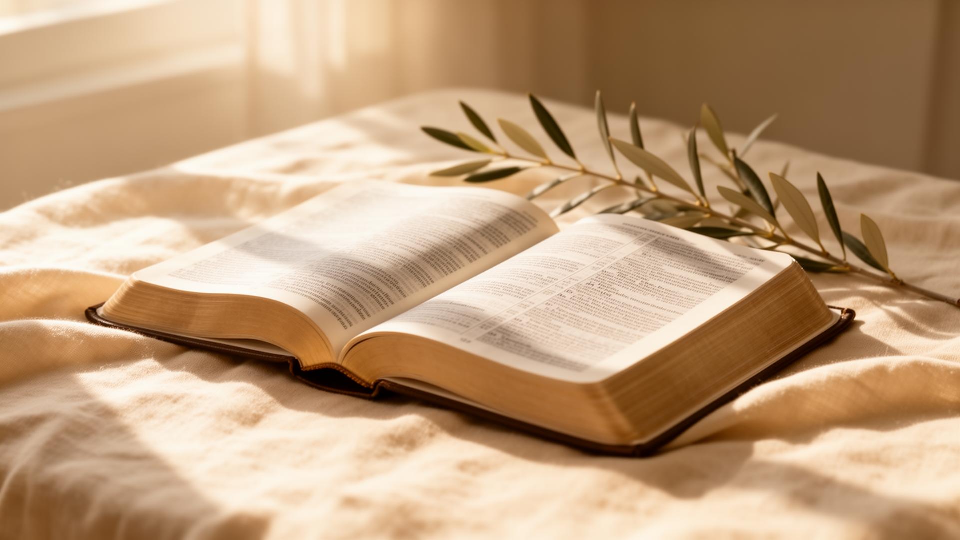 An open Bible bathed in soft morning light beside an olive branch